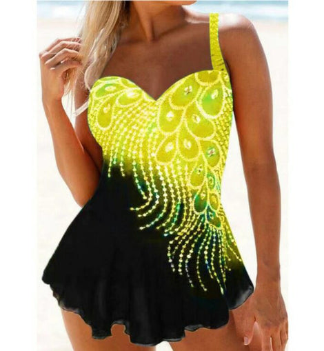 Feather  Color Split Plus Size Swimsuit