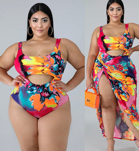 Plus Size Swimsuit One-piece Skirt Print Plus Size Swimsuit